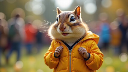 A chipmunk in a sports kit with her partisan babies at a party.