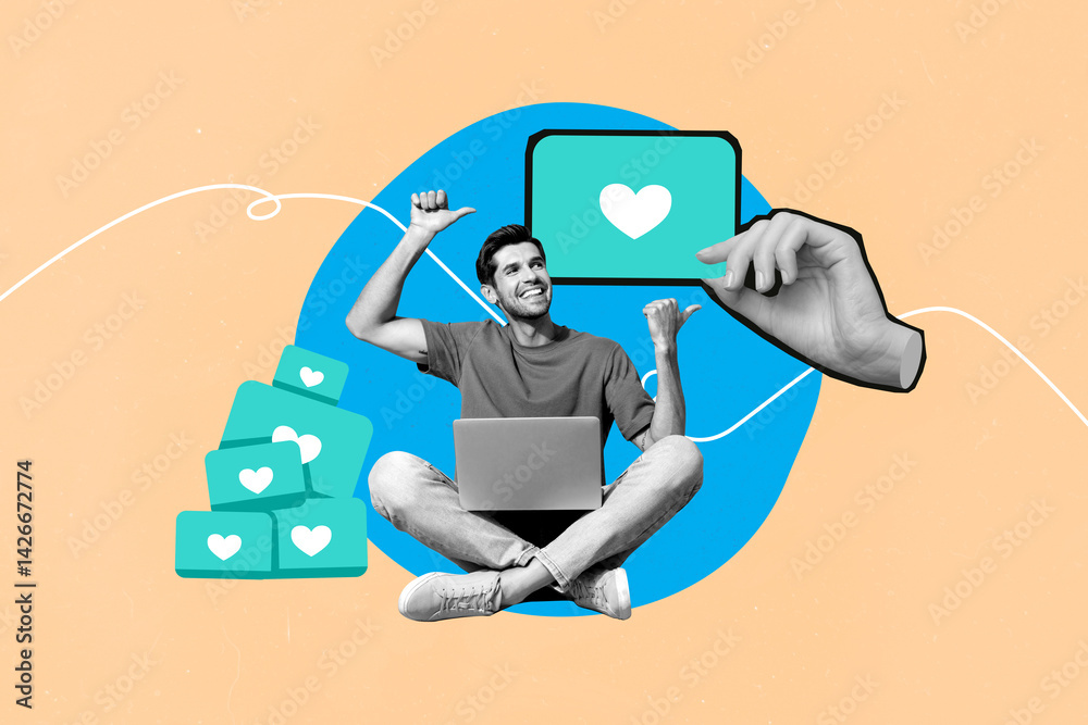 Aufkleber banner pop collage of person use netbook point getting many likes on pastel background