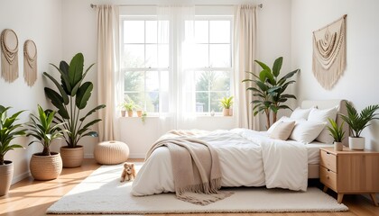 The bedroom features a large window allowing natural light to fill the space, complementing the neutral color scheme of whites, beige, and soft grays