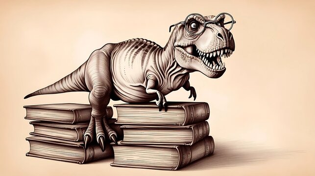 Intelligent dinosaur wearing glasses on book stack