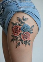Elegant Rose Tattoo: Blue and Red Floral Ink Design