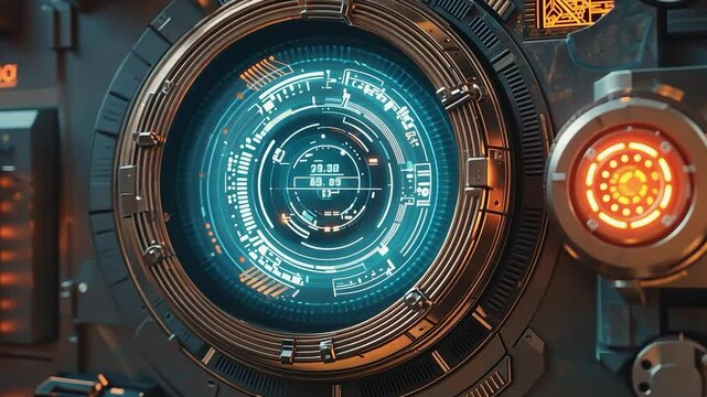 Intricate Technological Interface: a close-up shot of a complex, futuristic device with a glowing digital interface showcasing its core functionalities and features.