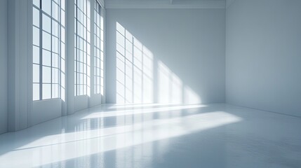 Fototapeta premium Bright minimalist studio space with large windows modern interior white background natural light