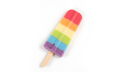 A vibrant and eye catching popsicle featuring a rainbow of colors, contrasted beautifully against a stark white background.