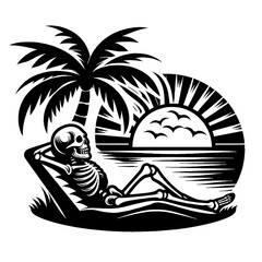 skull man, relaxing on palm tree beach black and white vector