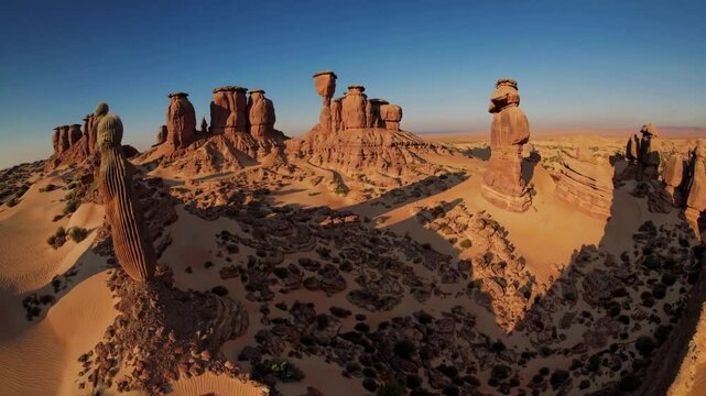 Desert Sandstone Formations with a Tall Cactus under a Clear Blue Sky