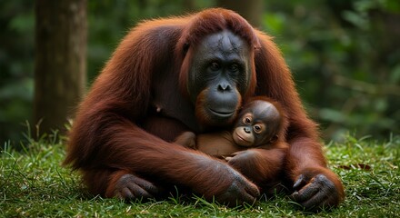 Orangutan mother gently cradling her small baby in a grassy forest area.