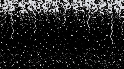 Obraz premium Horizontal silver glitter festive confetti isolated on transparent background. Silver glitter falling dust particles. Luxury confetti dots rain. Magic party border. Holiday decoration design