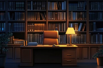 Serene Evening Study: A Warmly Lit Desk in a Book-Lined Office