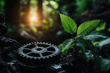 A close-up of a green plant emerging beside a gear, symbolizing the intersection of nature and technology in a lush, sunlit forest.