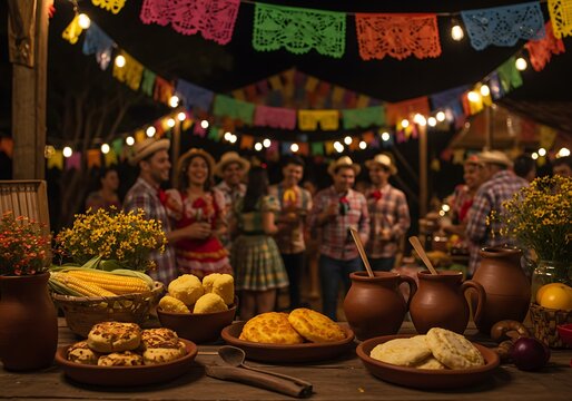 A vibrant brazilian festa junina night, with food, friends, and joyful celebrations.