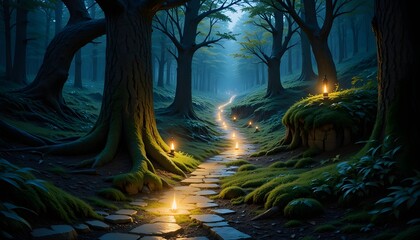 The glowing path winds its way through the dense woodland, casting a soft, ethereal light that guides travelers with its gentle glow