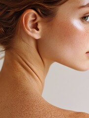 Close-up of woman's freckled skin and natural beauty, soft lighting, serene expression, skincare and self-care concept