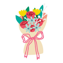 Hand Drawn Flower Bouquet with Blue Green and Yellow Flowers, Pink Ribbon and Cream Paper Wrap