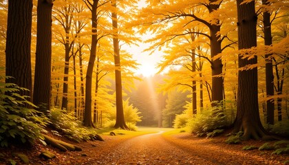A stunning background featuring a lush forest of shimmering golden trees, their leaves catching the sunlight and creating a warm, magical glow throughout the scene.
