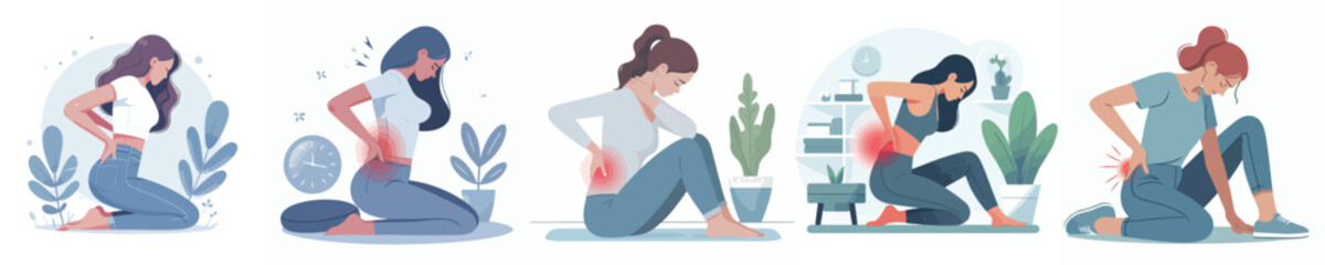flat design vector collection of a young woman with back pain