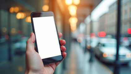 Close-up of a phone in hand with a white blank screen at a taxi stand