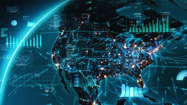 Financial Graphs, Charts, And Percentages Depict Global Economy In A World Network Context. Aerial View of United States Maps At Night, Illuminated By Network Connections And Economic Data Overlays. 