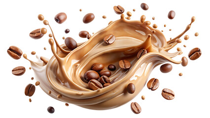 Milk Brown coffee liquid swirl splash and little bubbles with falling coffee Beans isolated on white background PNG