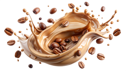 Milk Brown coffee liquid swirl splash and little bubbles with falling coffee Beans isolated on white background PNG