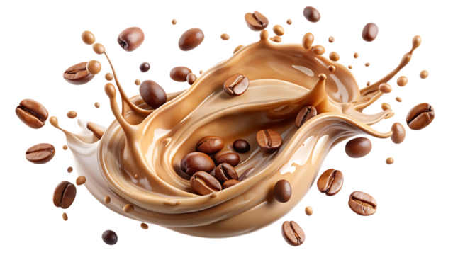 Milk Brown coffee liquid swirl splash and little bubbles with falling coffee Beans isolated on white background PNG