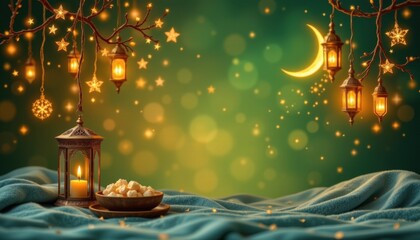 warm eid celebration featuring crescent moon in the upper right on an emerald green background, in a cozy festive style, with lantern light warmth, open layout, high resolution