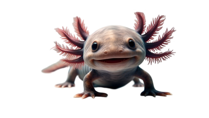 Smiling Axolotl Underwater – Pink Gills and Cute Expression Isolated on White Background