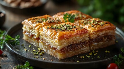 A layered baklava tray with golden flaky pastry drizzled in honey and sprinkled with chopped pistachios