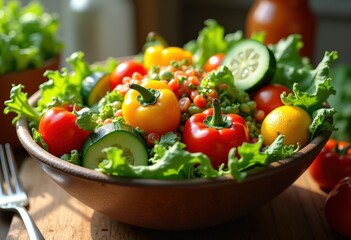 bright colorful salad bowl fresh vegetables healthy cuisine vibrant ingredients nutrient rich organic produce, carrot, tomato, cucumber, pepper, herbs