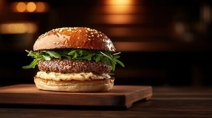 Gourmet black truffle and lentil burger with fresh rocket and garlic aioli