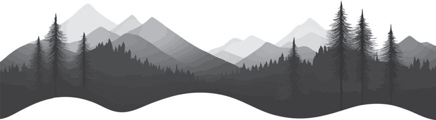 Fototapeta premium Minimalist vector landscape depicting rugged mountain peaks rising behind silhouetted evergreen forest, rendered in soft grayscale tones