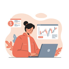 Woman analyzing financial data on laptop with charts and money icon in modern workspace vector illustration 