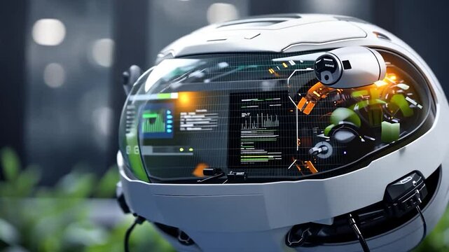 Futuristic White Helmet With Transparent Visor Featuring Tech Displays And Green Interior Elements