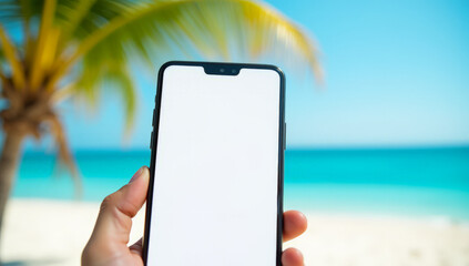 close-up of the phone in his hand with a white blank screen against the background of a beach with a palm tree