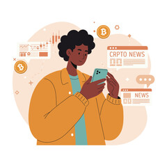 Young man reading cryptocurrency news on smartphone with bitcoin icons and data charts vector illustration 