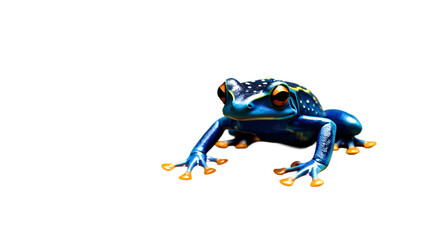 Fototapeta premium Blue Poison Dart Frog on Green Leaf – Vibrant Colors and Smooth Skin Isolated on White