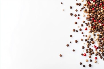 Fototapeta premium Colorful Peppercorns Scattered on White: A Culinary Still Life