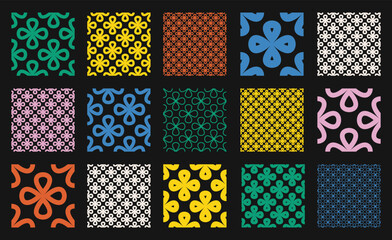 Seamless vector pattern set with clover like flower shapes in outline and linear style on dark backgrounds. Vibrant geometric design, perfect for wallpapers, backgrounds, and prints