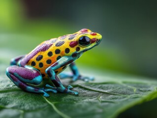 Obraz premium Vibrant poison dart frog perched on a lush green leaf, symbolizing exotic wildlife and natural beauty. Perfect for nature documentaries, conservation campaigns, and educational materials.