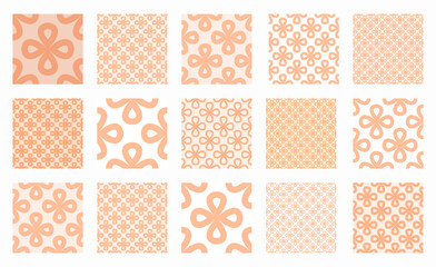 Collection of vibrant seamless linear patterns with floral shapes on a peach fuzz background. Playful designs for fashion, textiles, home decor, and print. High quality vector illustrations