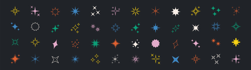 Contemporary set of abstract vector icons with glowing stars and sparkles in a minimalistic style. Perfect for adding a modern, bright touch to digital and creative projects with unique accents