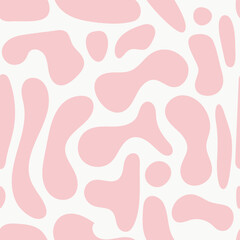 Bold pink and white seamless pattern with cow and dalmatian spots, featuring irregular shapes. Great for creative decor, textiles, and wallpapers. High quality vector design.