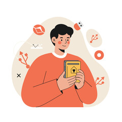 Person holding external hard drive with data transfer icons technology digital storage concept vector illustration 