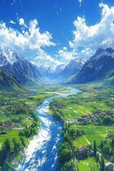 Valley Serenity A vibrant river meanders through green pastures bordered by mountains under a clear cloudstrewn sky