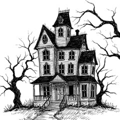 Obraz premium Haunted house illustration with eerie trees in a spooky style 