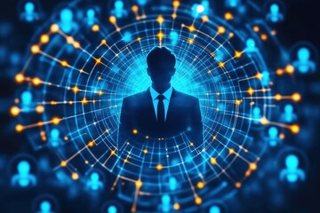 Silhouette of Businessman Surrounded by Digital Connections and Network Interactions Representing Modern Technology and Data Exchange