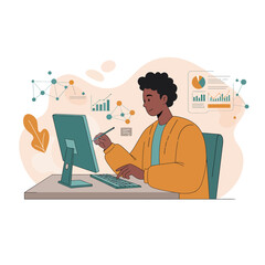 Young man working on computer with data analysis charts and graphs in modern office environment vector illustration 