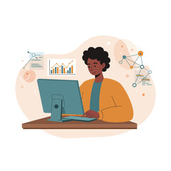 Person working on desktop computer analyzing data charts and graphs in office environment vector illustration 