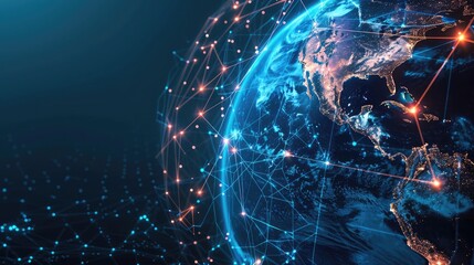 Planet Earth Aglow Global Network of Bright Blue Hexagon Gridlines Connecting Luminous Spheres ,Global Network Connections, A Futuristic View of Interconnectivity With Glowing Nodes And Lines