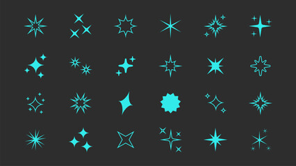 Set of outline star sparkle shapes with neon glow. Abstract shine effect vector icons in retro futuristic style. Twinkling stars, flashes, and bursts for creative design elements
